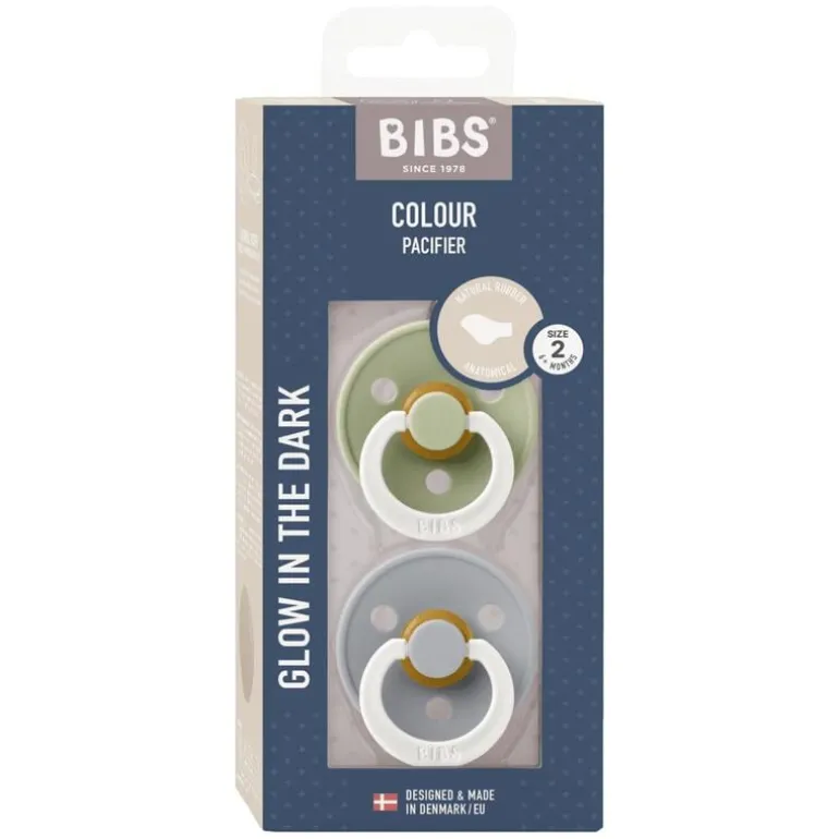 BIBS Anatomische Glow in the dark Fopspeen Two Pack Natuurlijk Rubber Sage/Cloud Maat 2