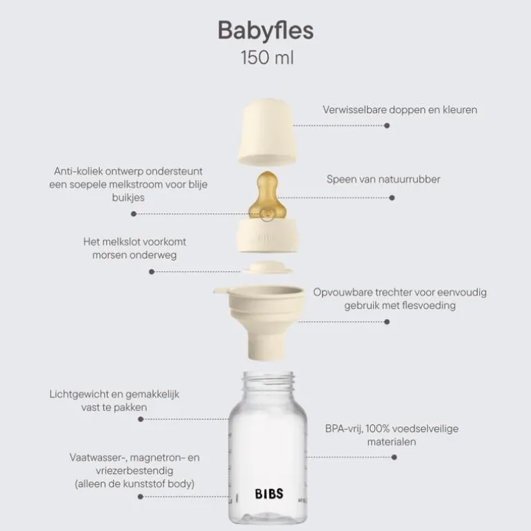 BIBS Babyfles 150 ML Ivory met Latex speen en opvouwbaar trechtertje