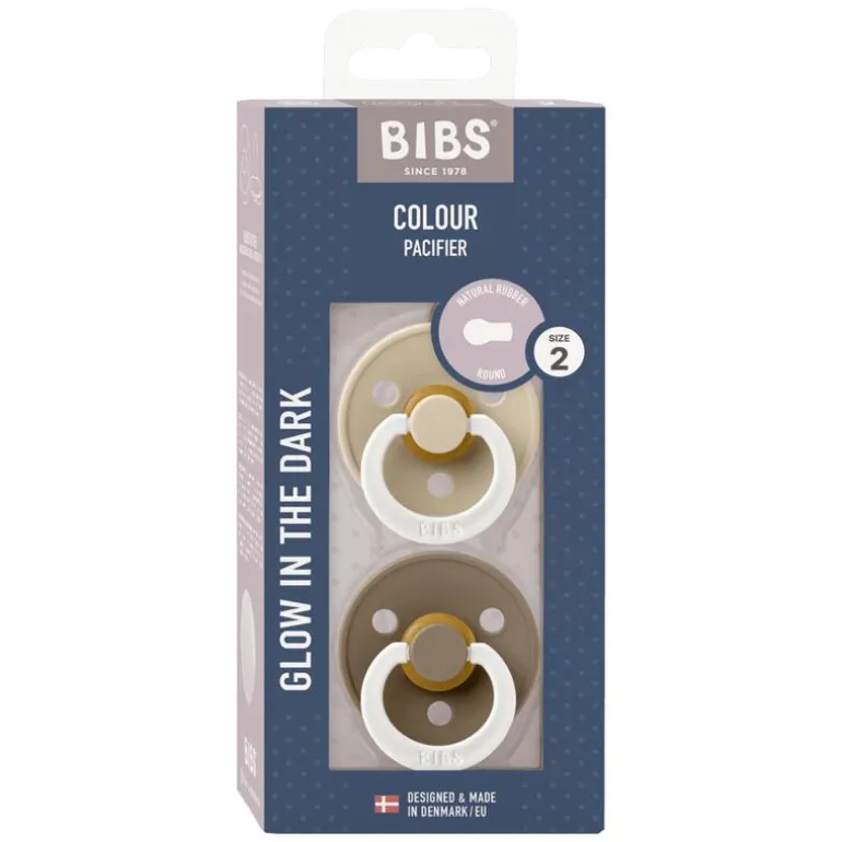 BIBS Glow in the dark Fopspeen Two Pack Natuurlijk Rubber Vanilla/Dark Oak Maat 2