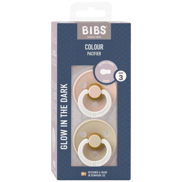 BIBS Glow in the dark Fopspeen Two Pack Natuurlijk Rubber Blush/Vanilla Maat 3