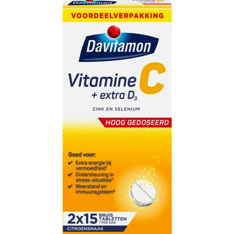 Davitamon Vitamine C & D Hoog Gedoseerd + Extra Vitamine D3 Bruistabletten Voordeelverpakking 30 stuks