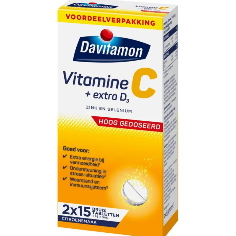 Davitamon Vitamine C & D Hoog Gedoseerd + Extra Vitamine D3 Bruistabletten Voordeelverpakking 30 stuks