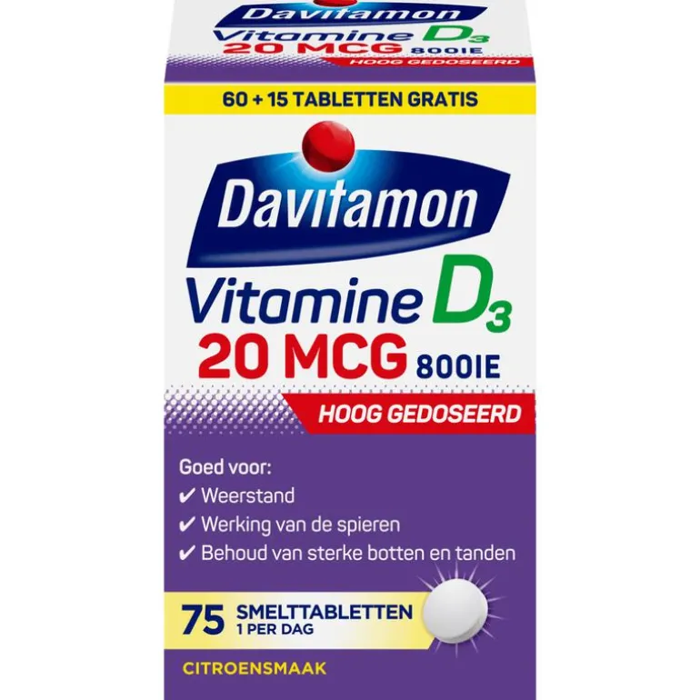Davitamon Vitamine D3 20 mcg Smelttabletten 60+15 stuks