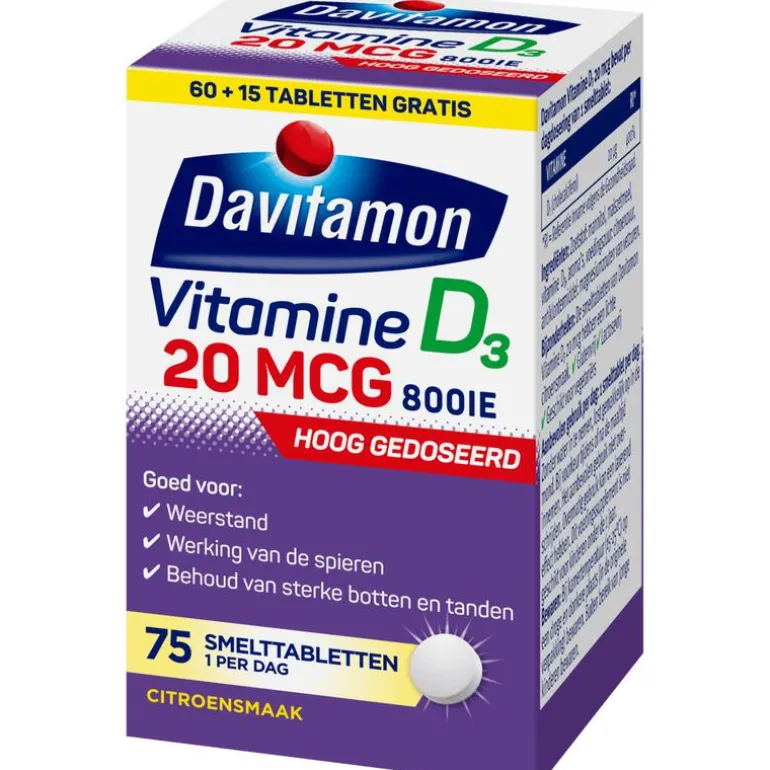 Davitamon Vitamine D3 20 mcg Smelttabletten 60+15 stuks