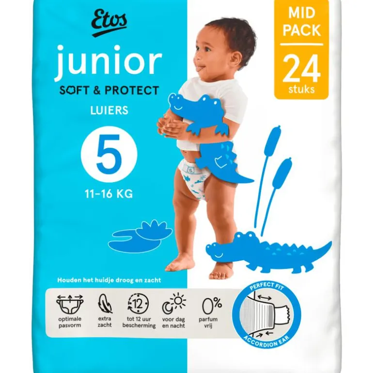 Etos Luiers Junior Maat 5 11-16 kg Mid Pack 24 stuks