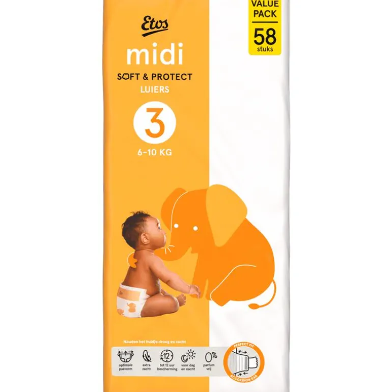 Etos Luiers Midi Maat 3 6-10 kg Value Pack 58 stuks
