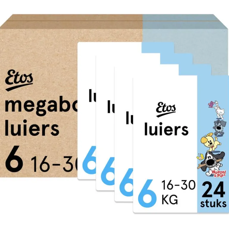 Etos Woezel & Pip Luiers XL Maat 6 16-30 kg Megabox 4x24 stuks